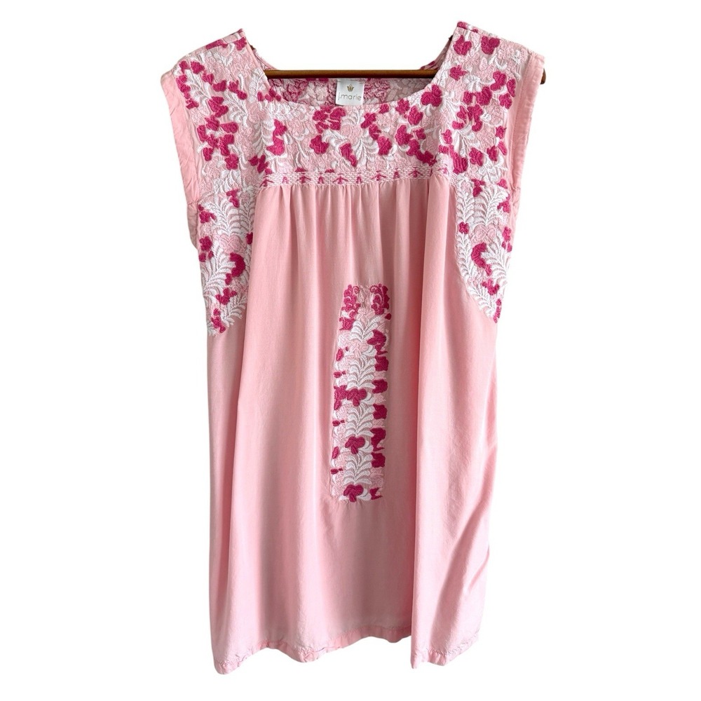 J Marie Pink Embroidered Mini Dress Womens Medium Shift Boho Beach Travel Vacay